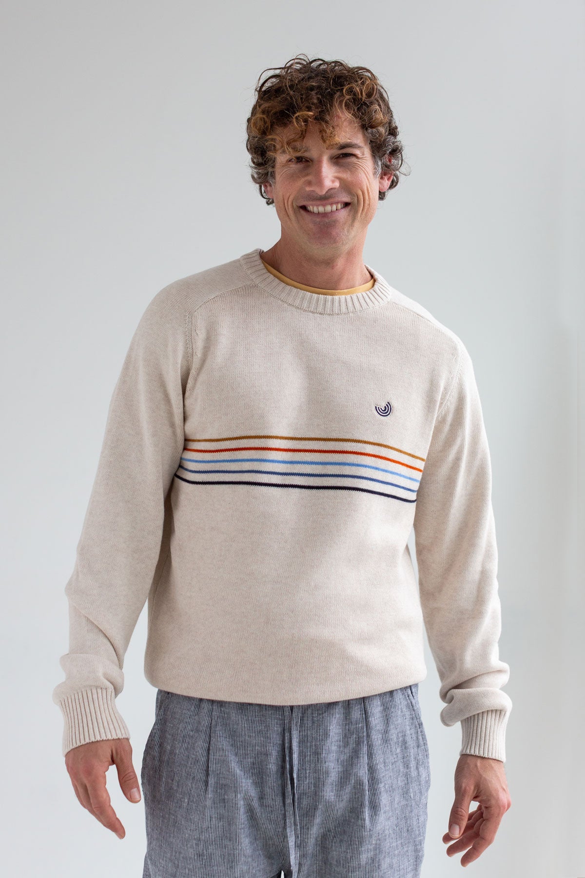 Ecru jersey knit men striped pants wear view
