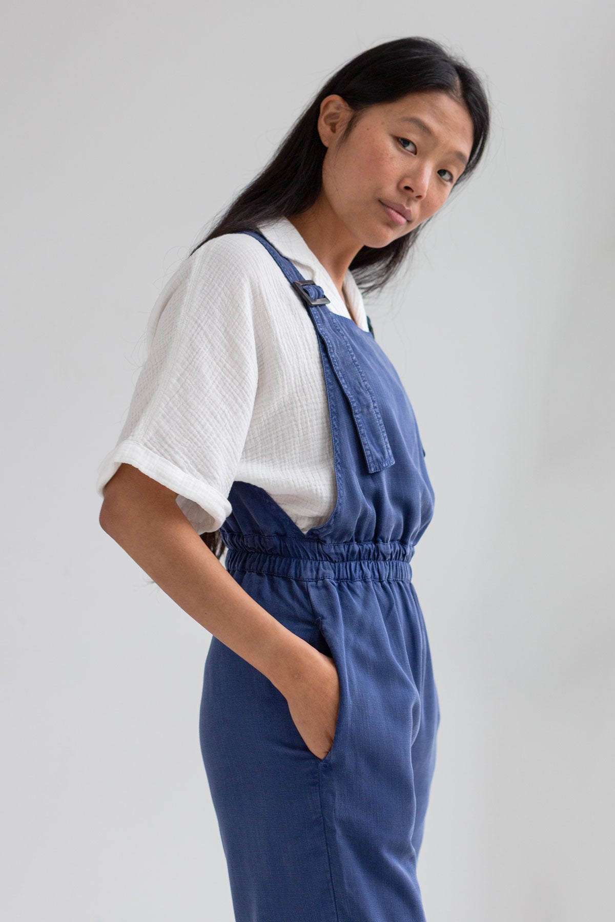 Blueberry overall women white shirt wear view side