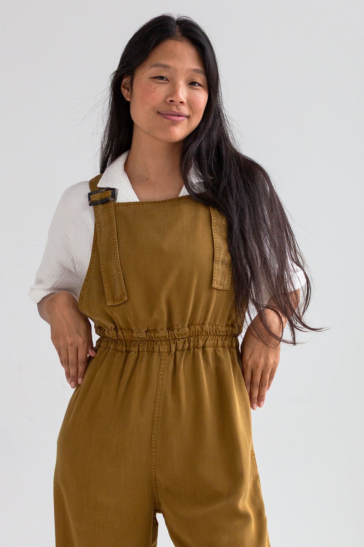 Dijon mustard overall women white shirt wear view front