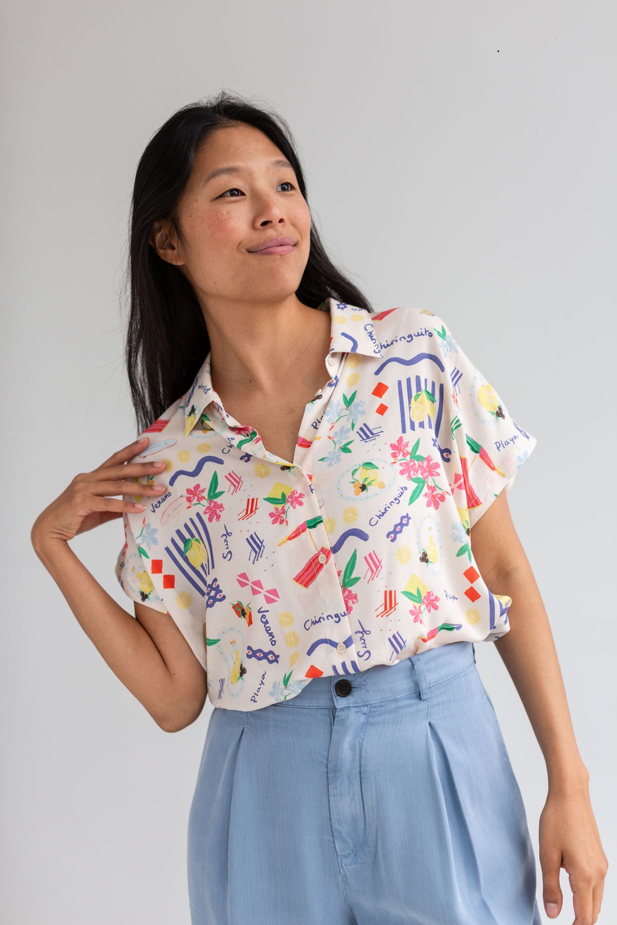 Patterned light weight shirt women light blue pants wear view front