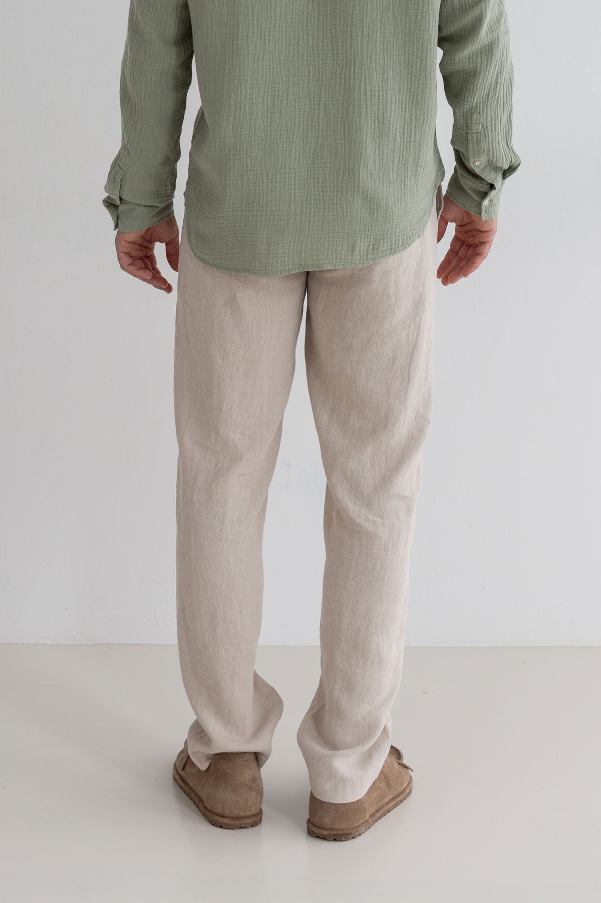 Natural heavy linen pants men light green shirt wear view back