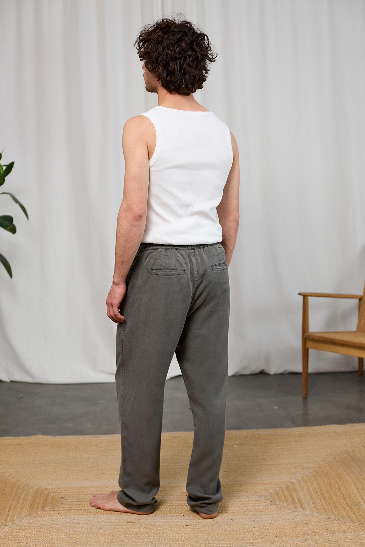 full-length gunmetal drawstring trousers