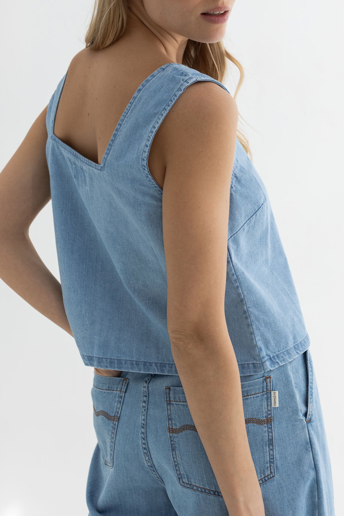 Light blue denim shirt women detail back
