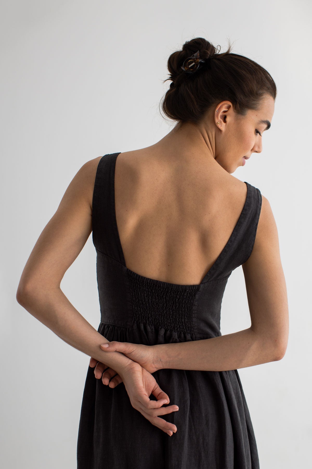 Black linen dress women wear view back