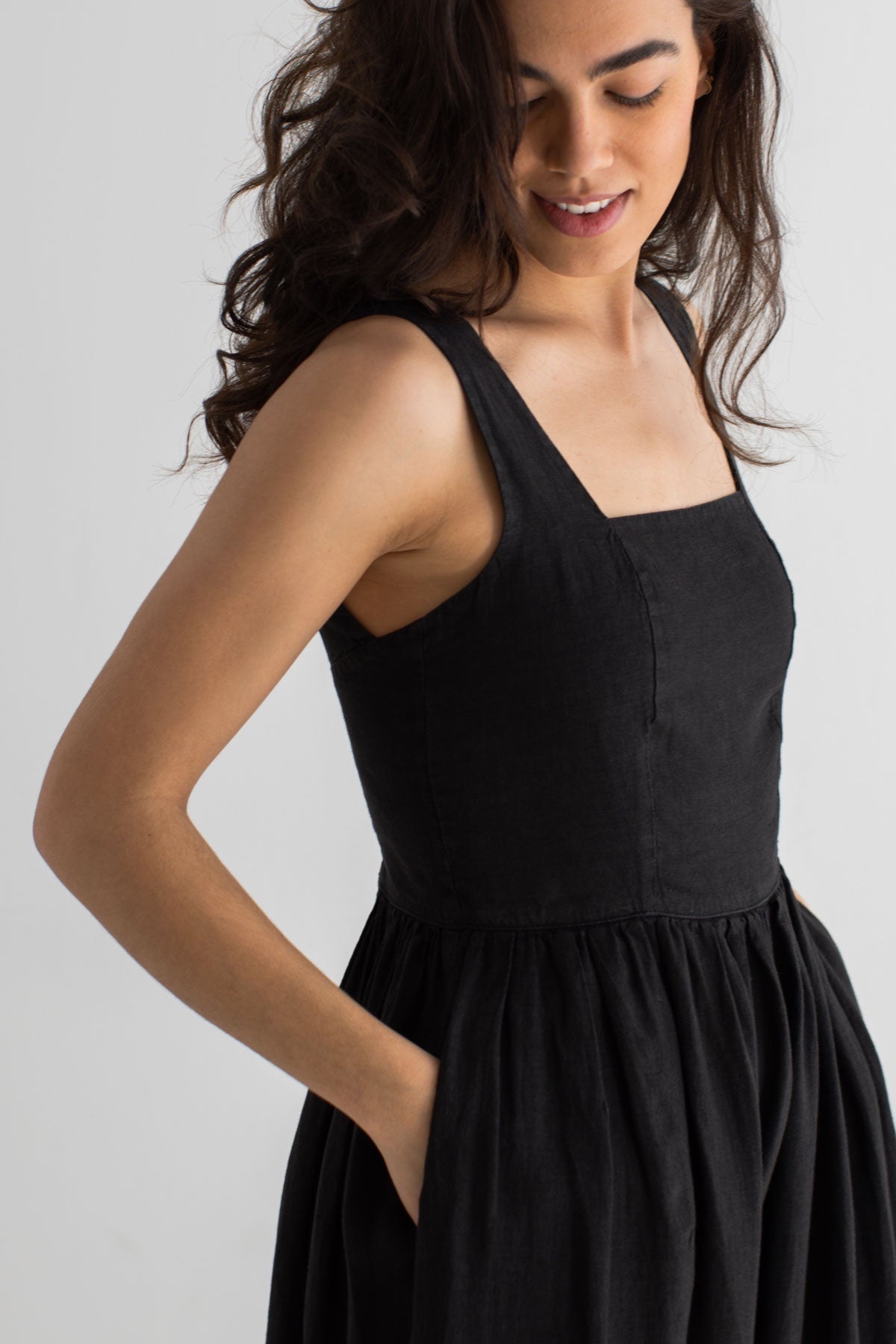Black linen dress women wear view front