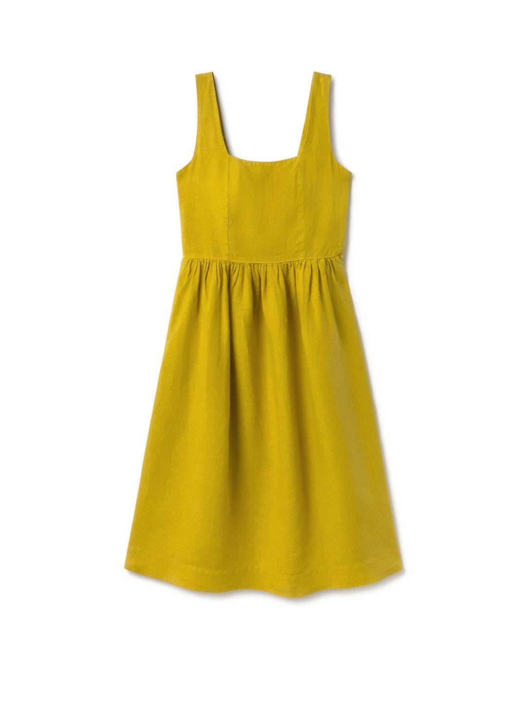 Golden green linen dress women front