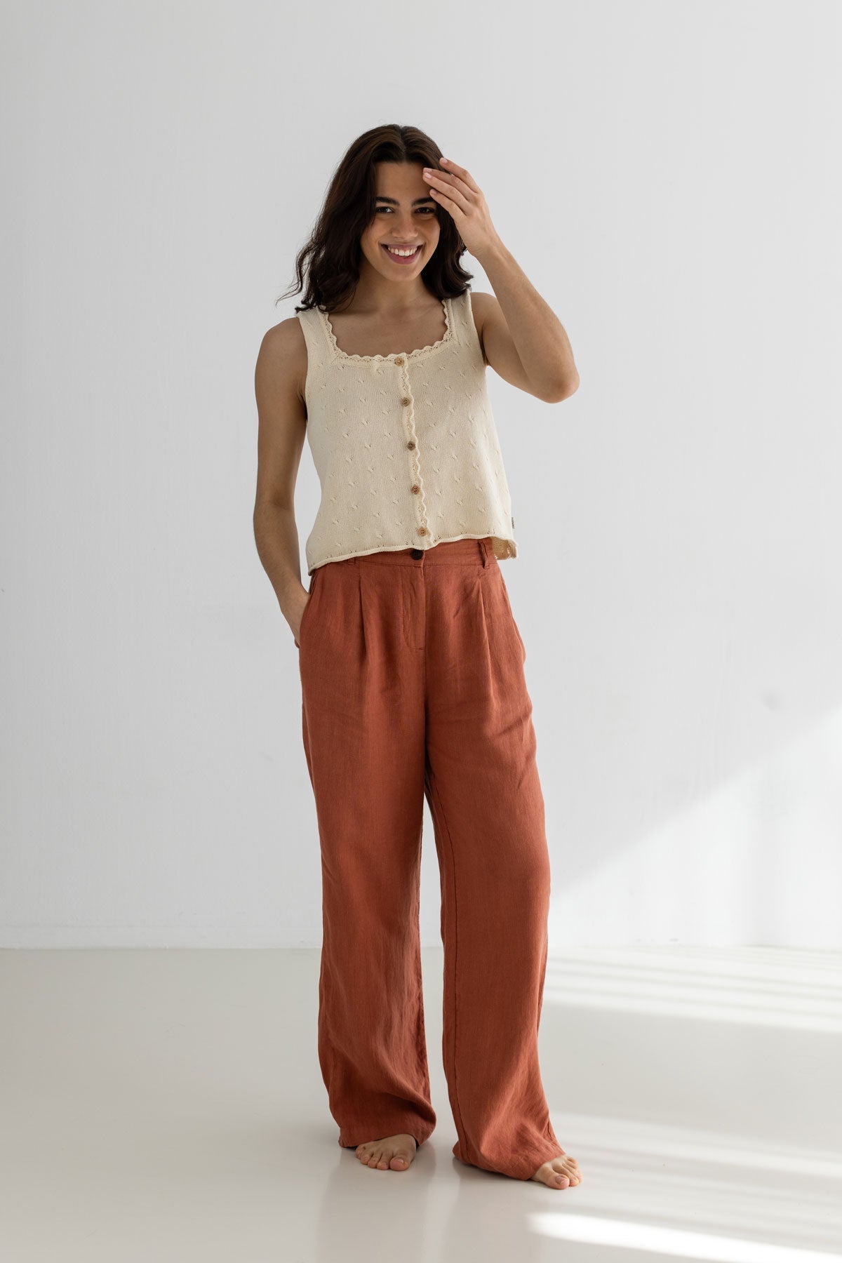 Ecru knit top women full body view front