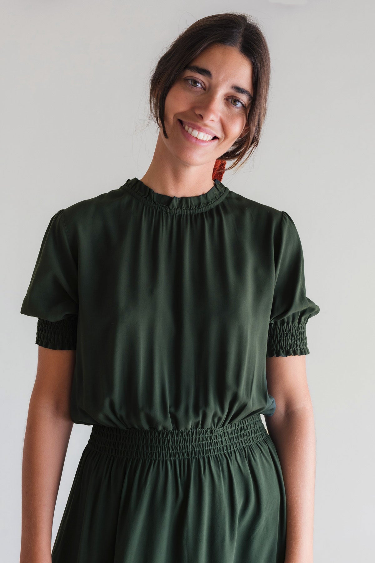 Dark green smocked waist dress