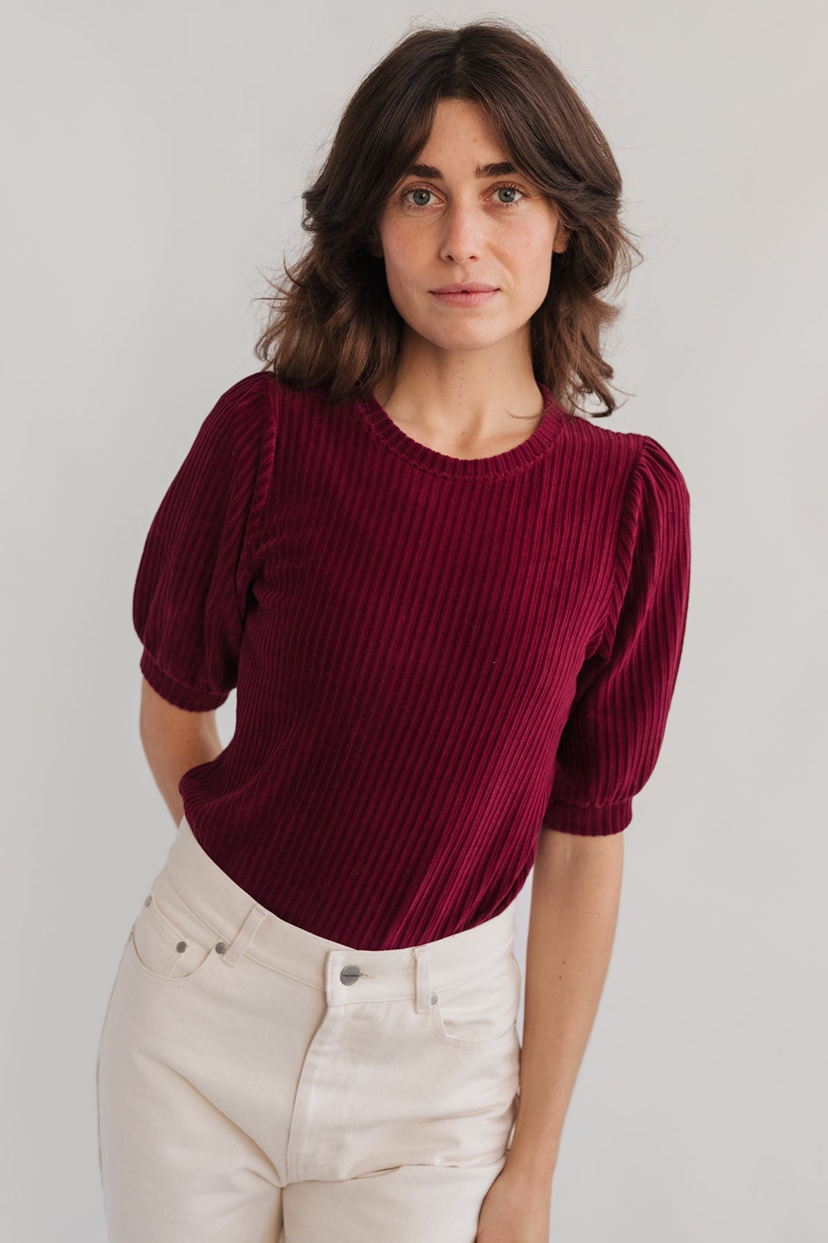 meta-preview, velvet rib cranberry top with elbow-length sleeves