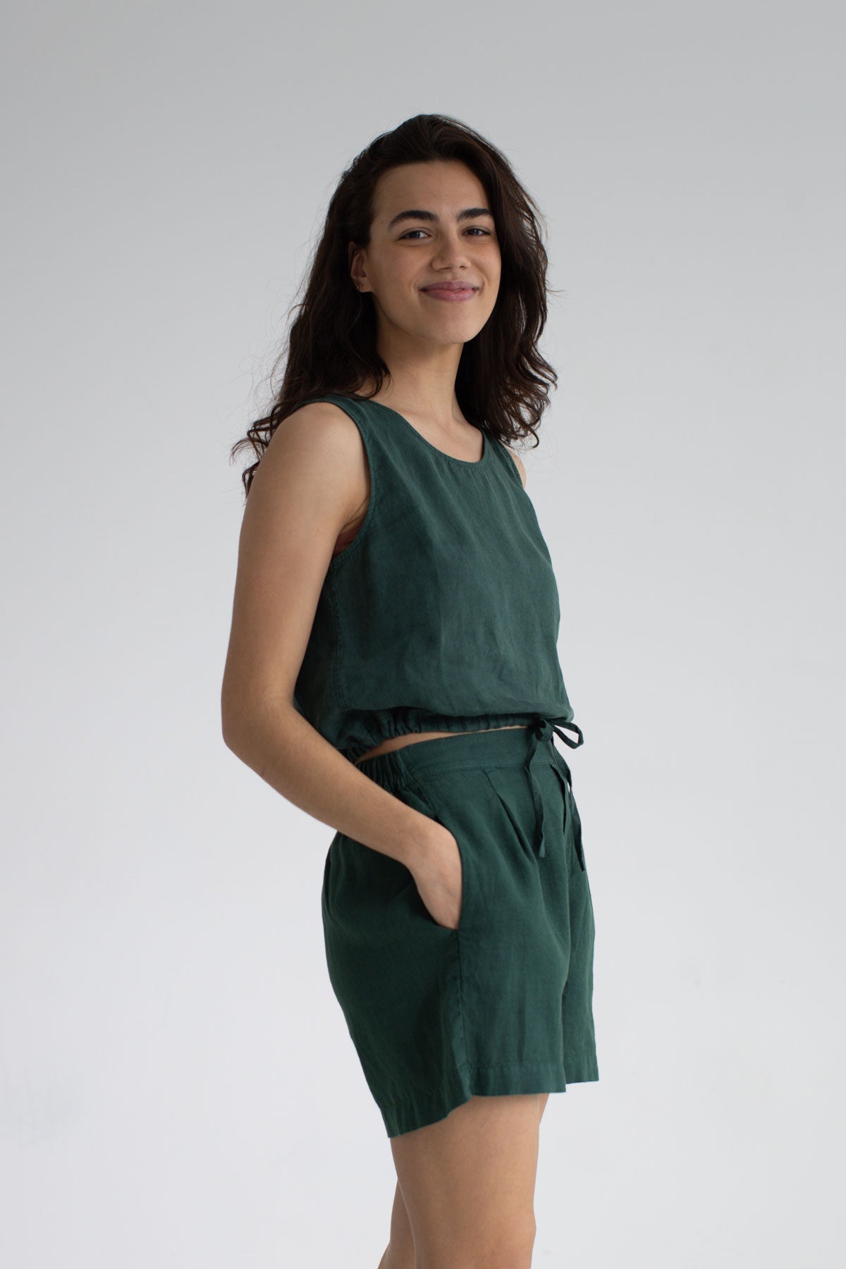 Garden green sleeveless linen shirt women green shorts wear view front