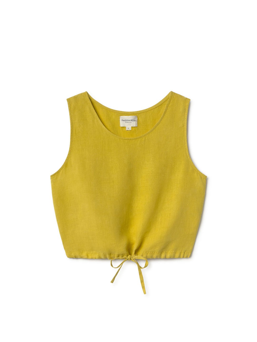 Golden green sleeveless linen shirt women front