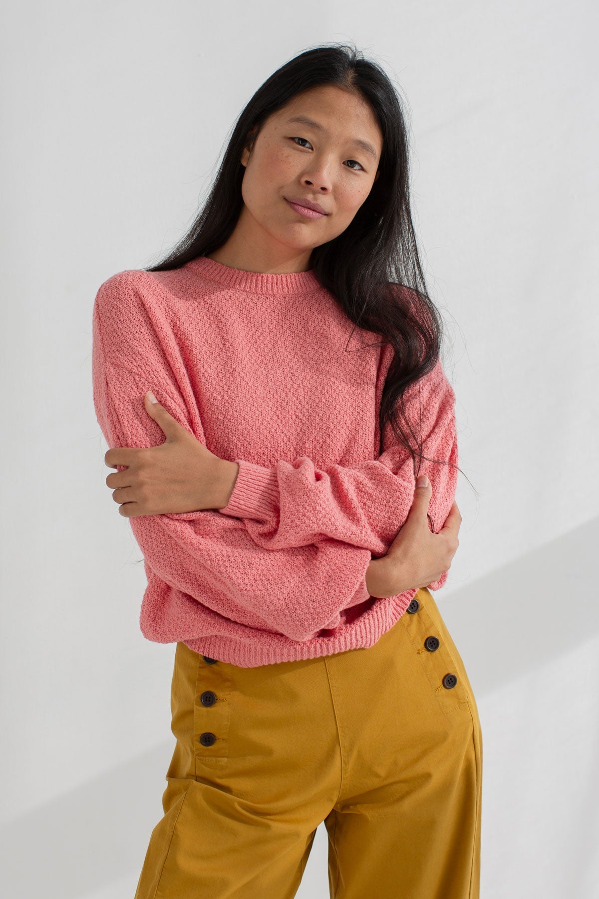 pink light weight knit women mustard pants wear view front