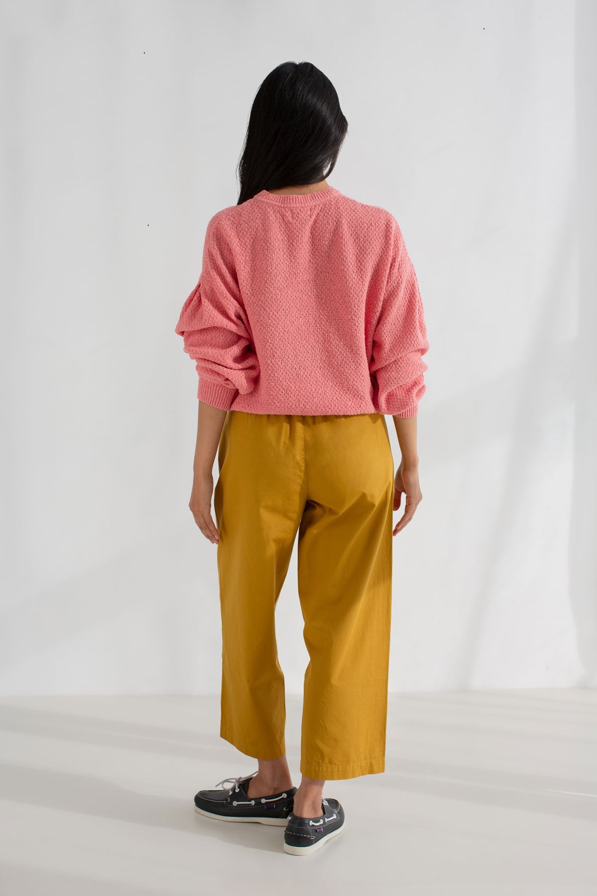 pink light weight knit women full body view back