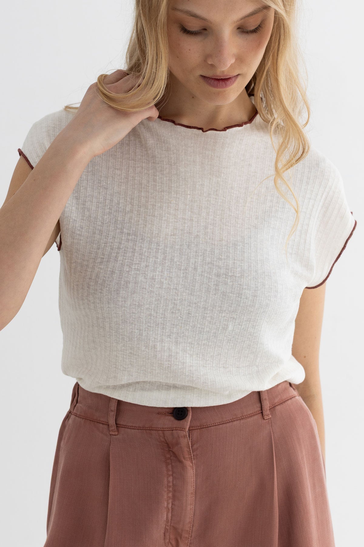 Creme ribbed tshirt women wear view front