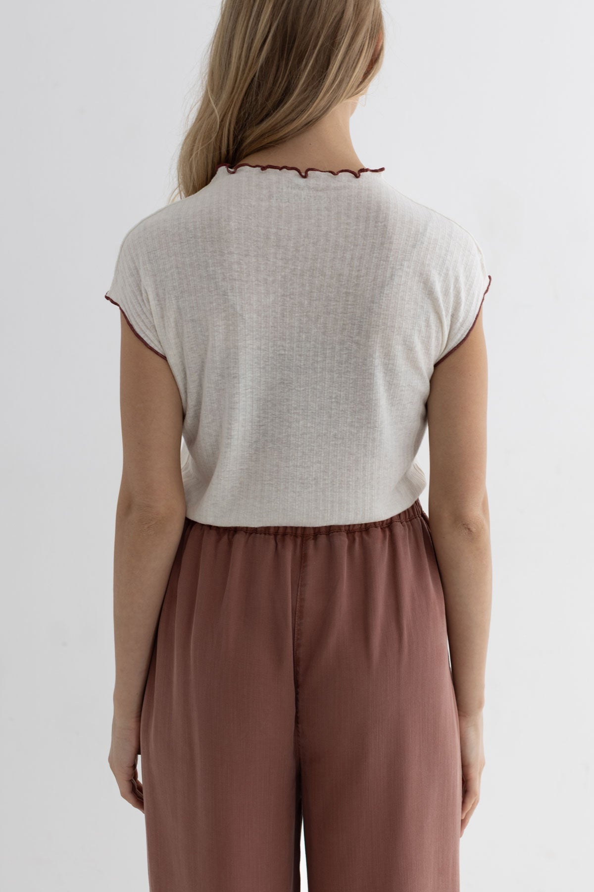 Creme ribbed tshirt women front wear view back