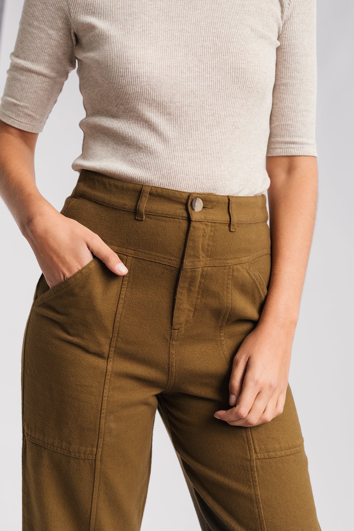 close-up of ochre flannel pants