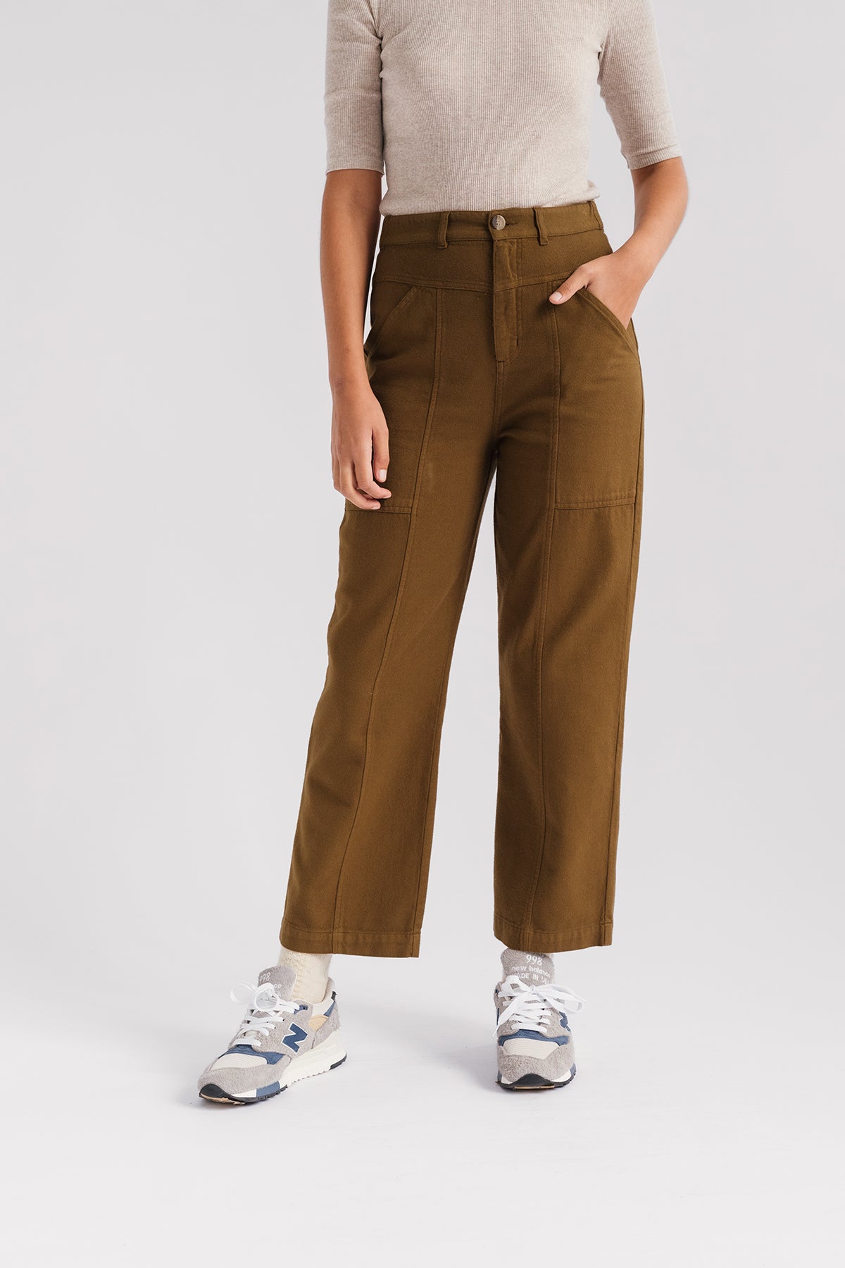 dusty ochre flannel. pants paired with ecru top