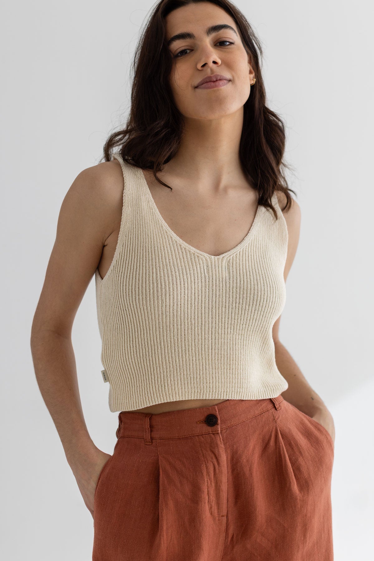 Ecru knit crop top women wear view front