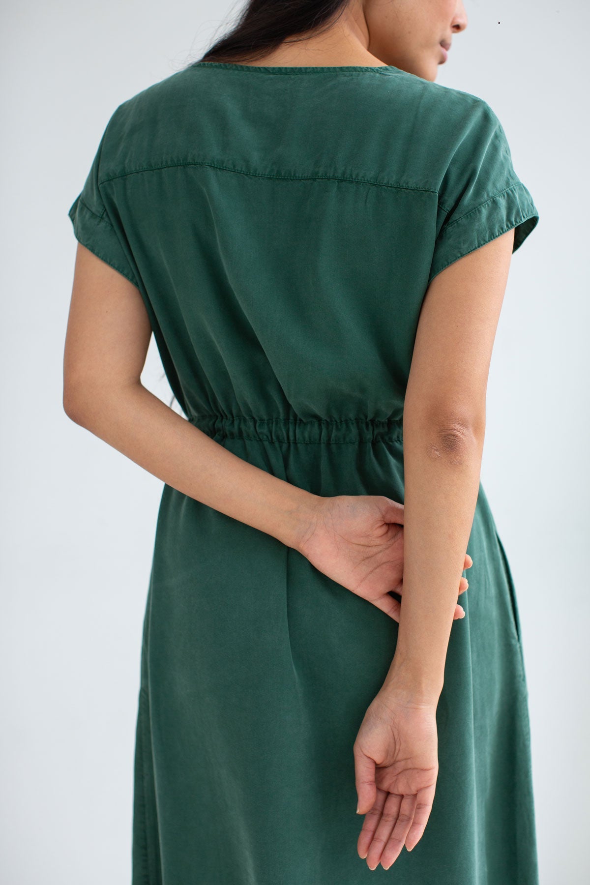 Dark green Lightweight dress women wear view back