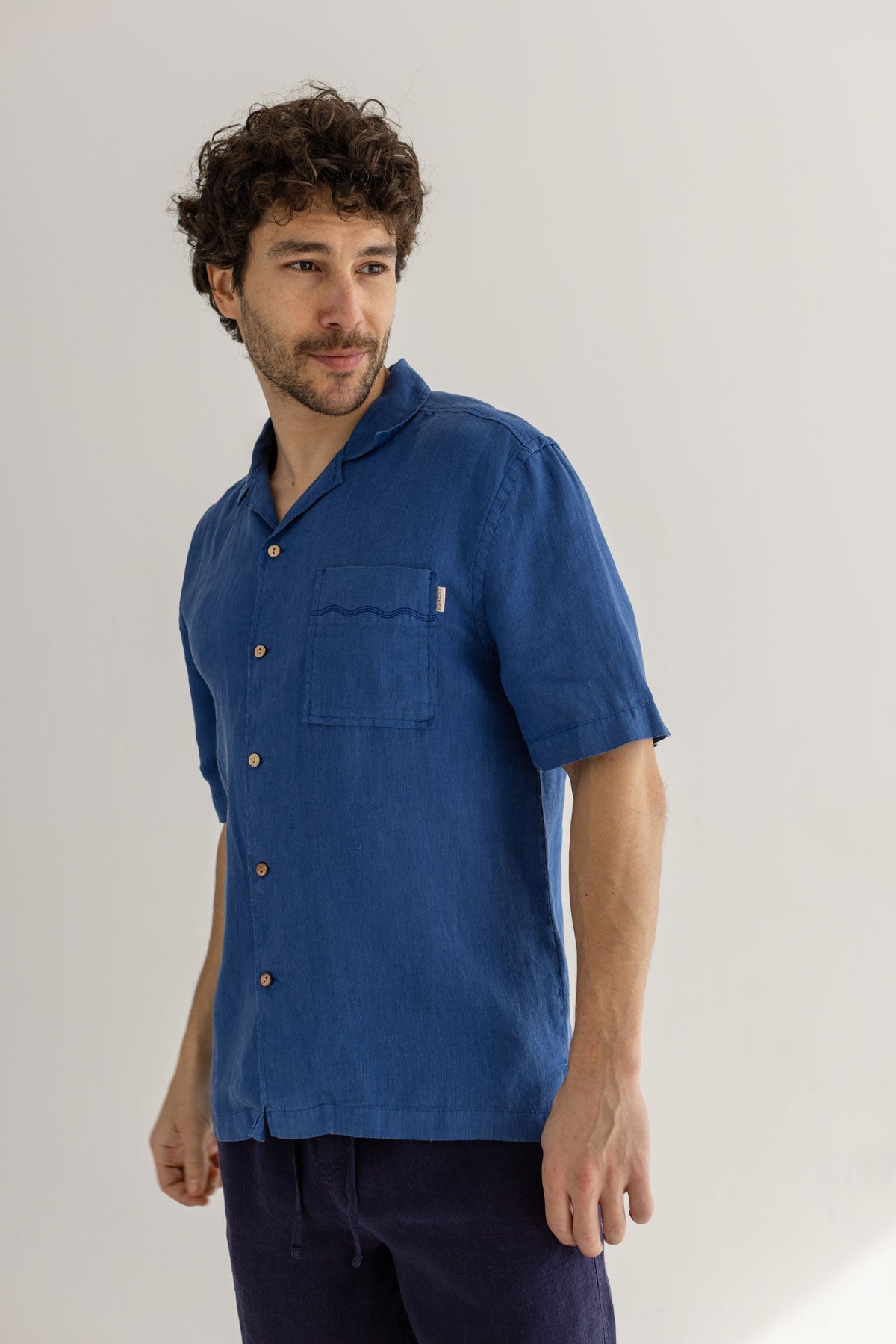 blue linen shirt men navy pants wear view front