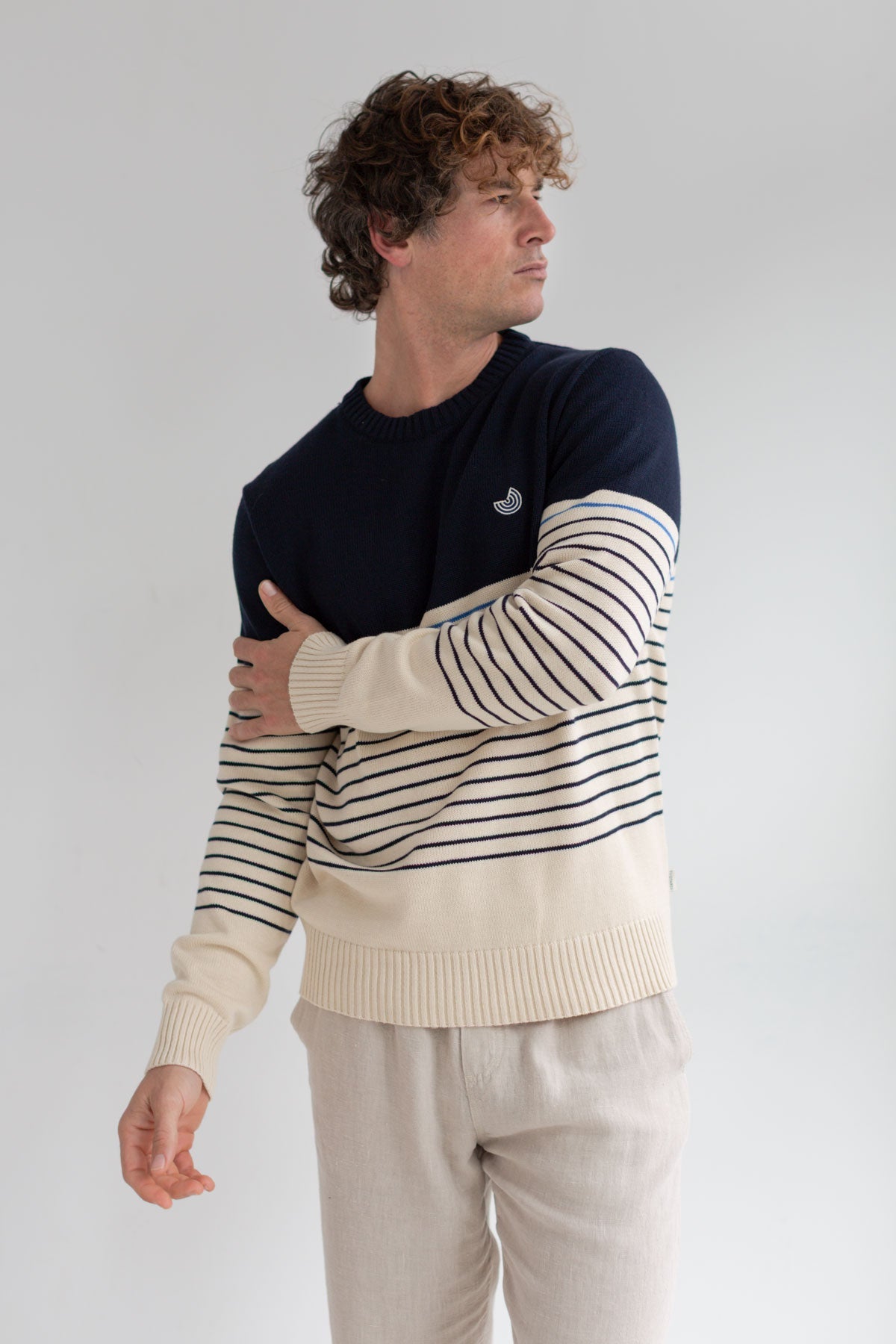 Navy stripes organic cotton knit men light pants wear view front