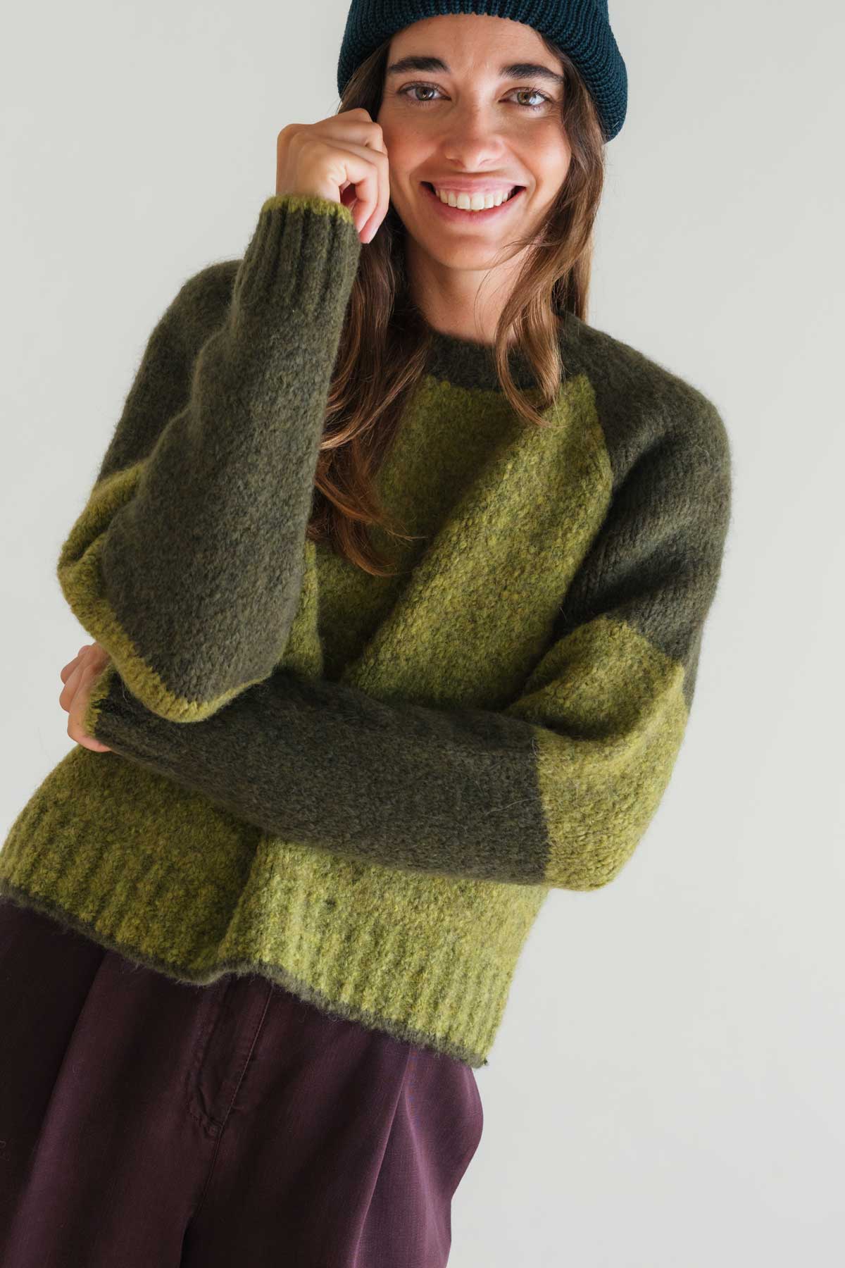 Responsible yarn sweater in earthy greens