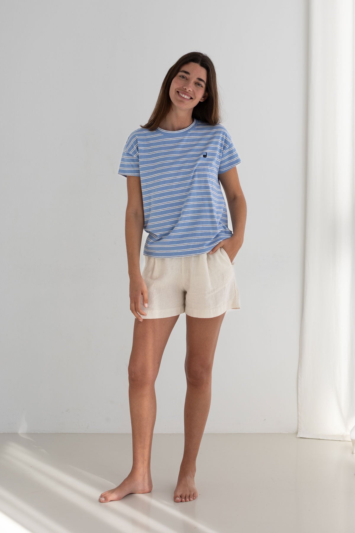 Blue stripes organic cotton top women white shorts full body view front