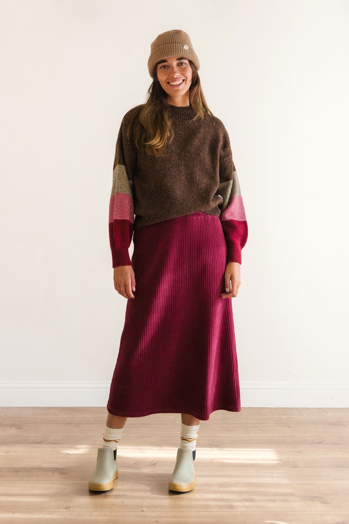 Earthy colorblock knit sustainably crafted