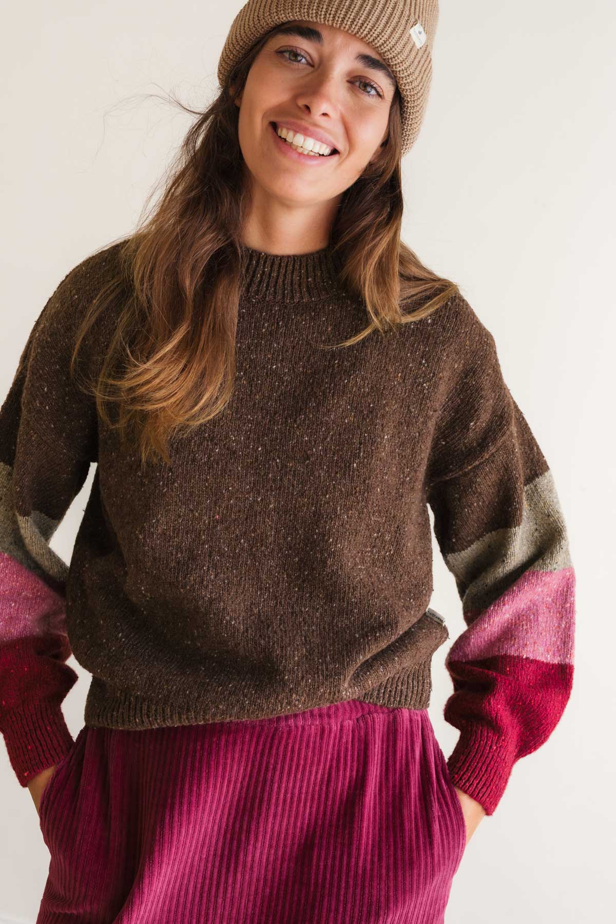 Eco-conscious knit with contrast sleeves