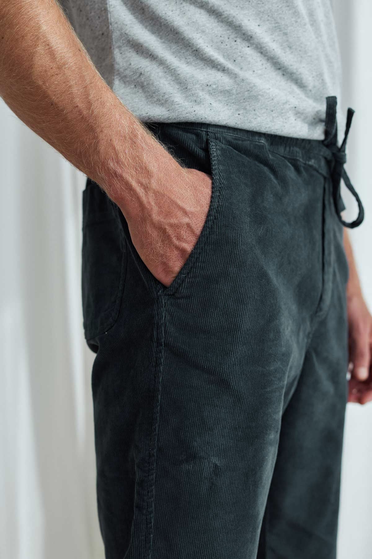 Dark sand corduroy pants men wear view side