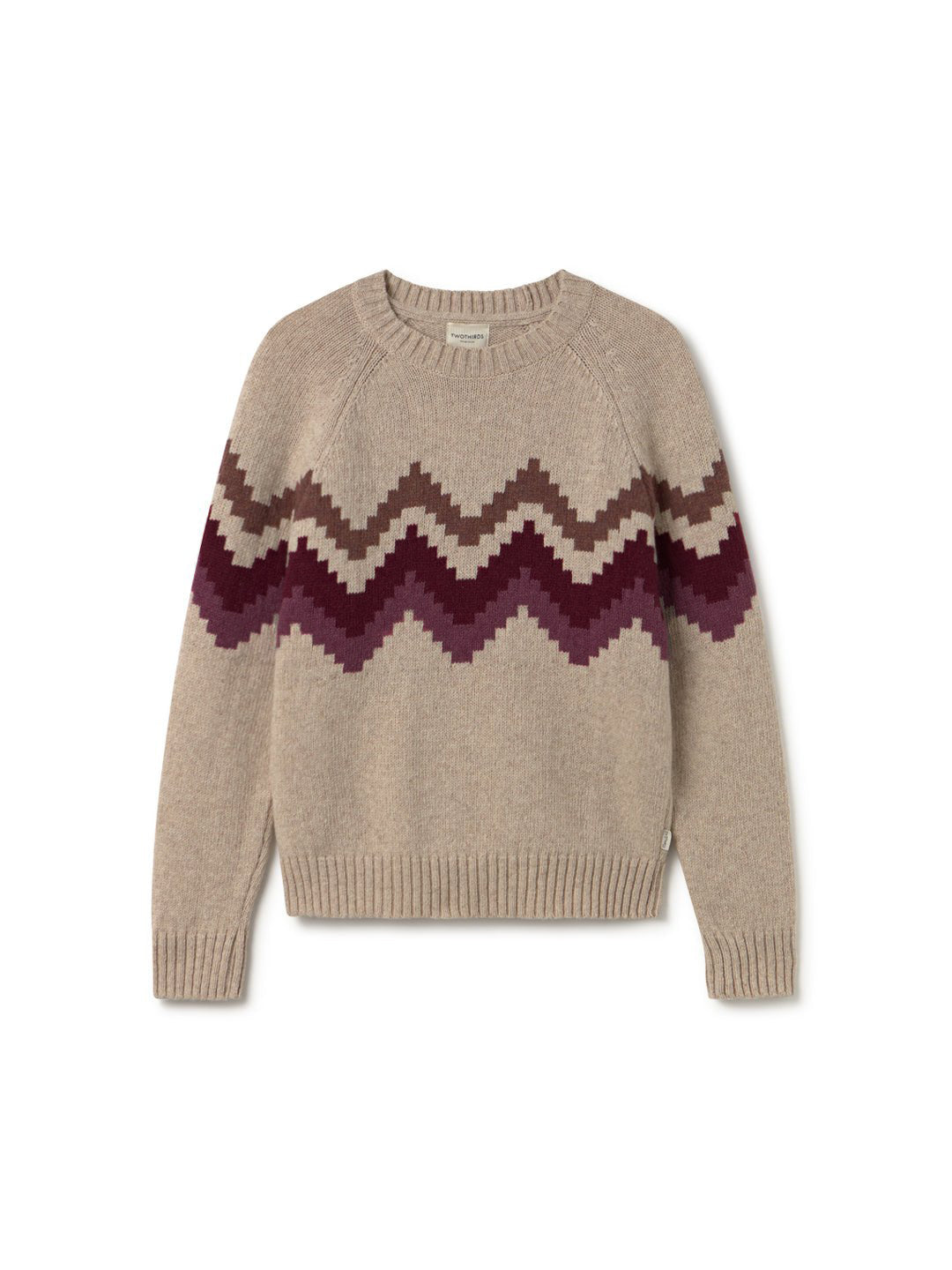 Beige jacquard sweater with burgundy zigzag pattern