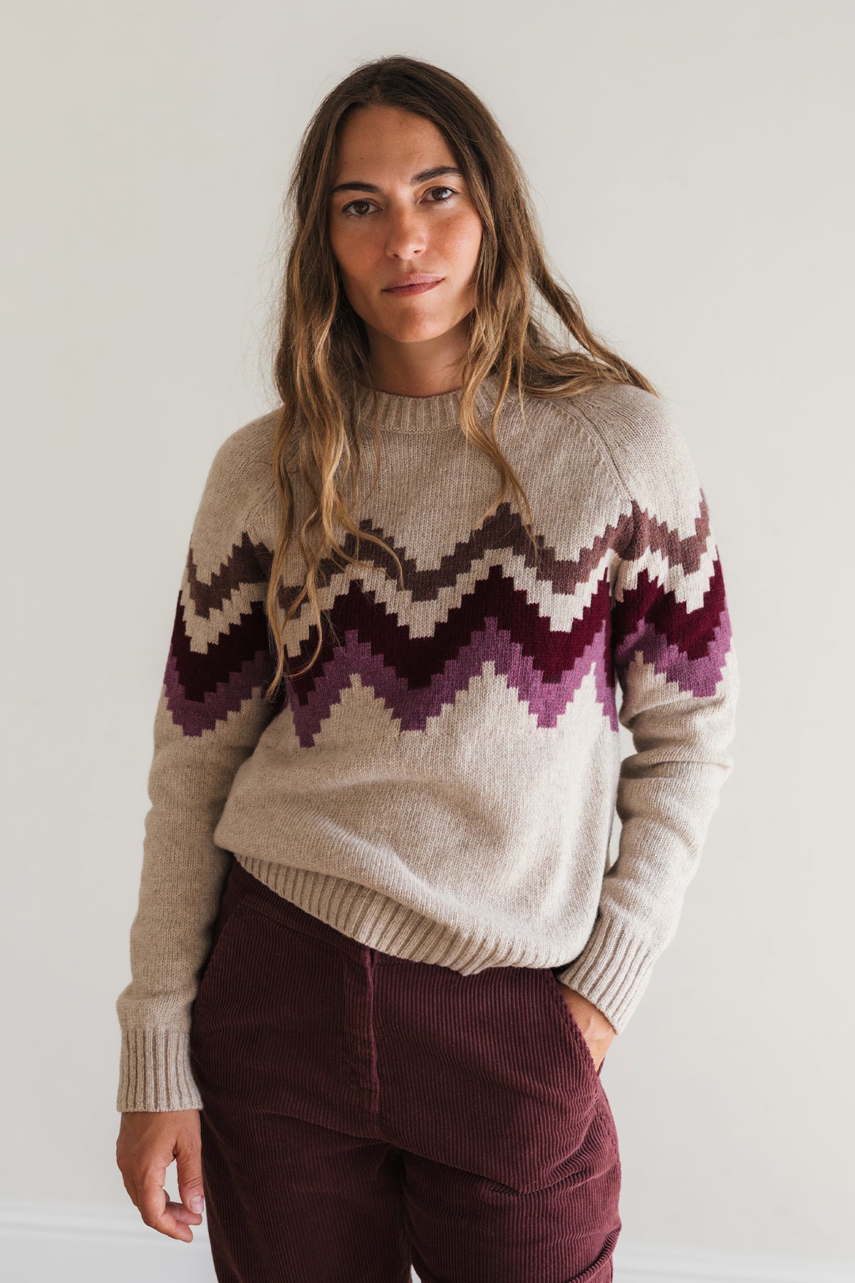 meta-preview, Sustainable beige and plum jacquard sweater