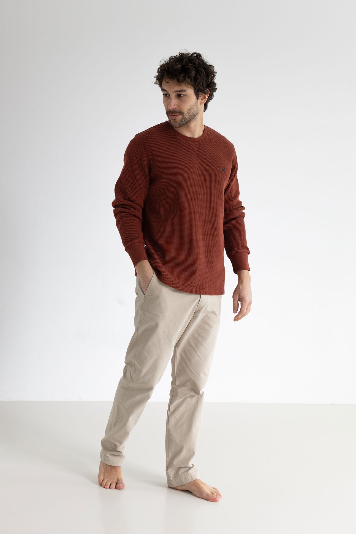 Brandy brown waffle sweatshirt men light pants full body view front