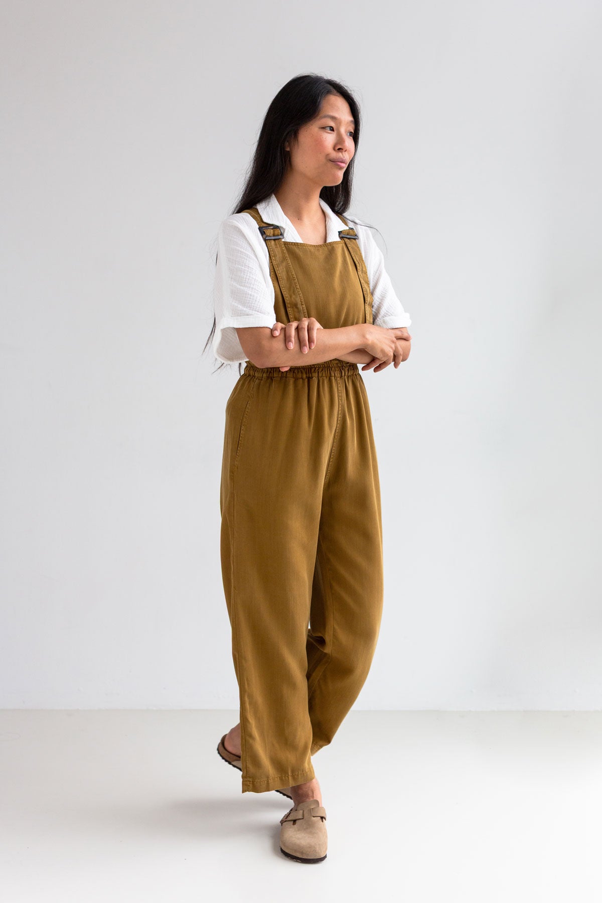 Dijon mustard overall women white shirt full body view front 