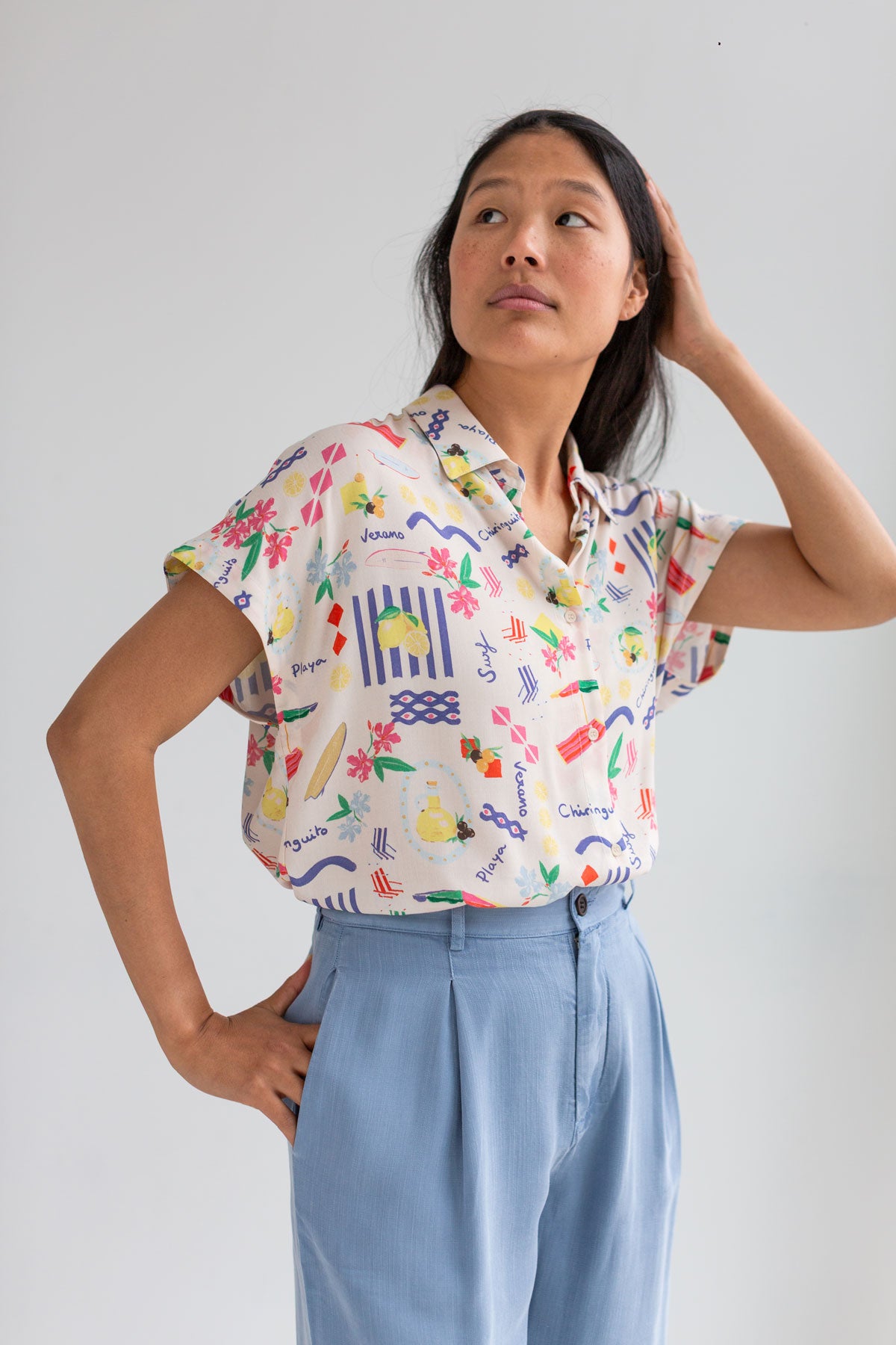 Patterned light weight shirt women light blue pants wear view front 