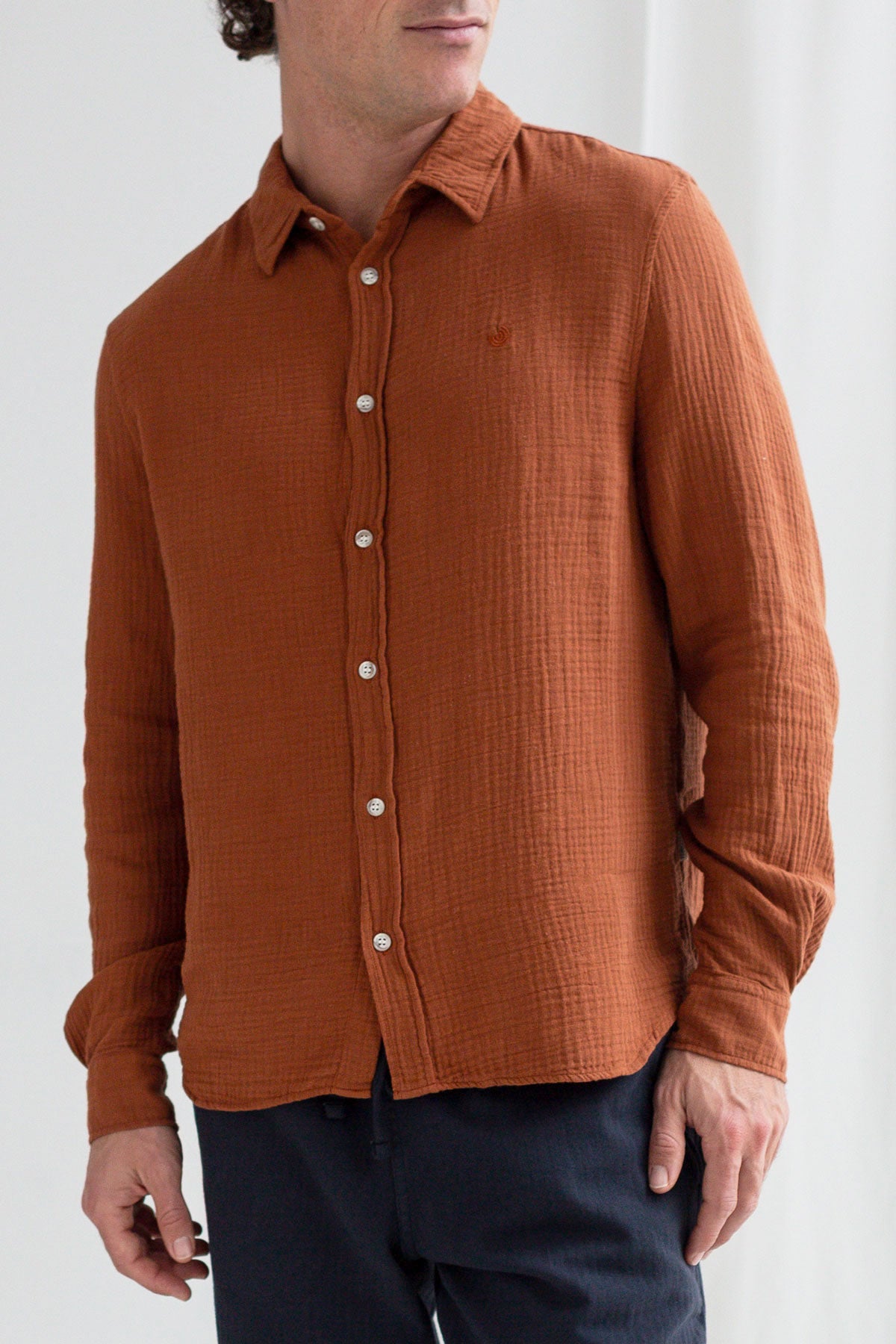 Reddish brown muslin shirt men wear view front