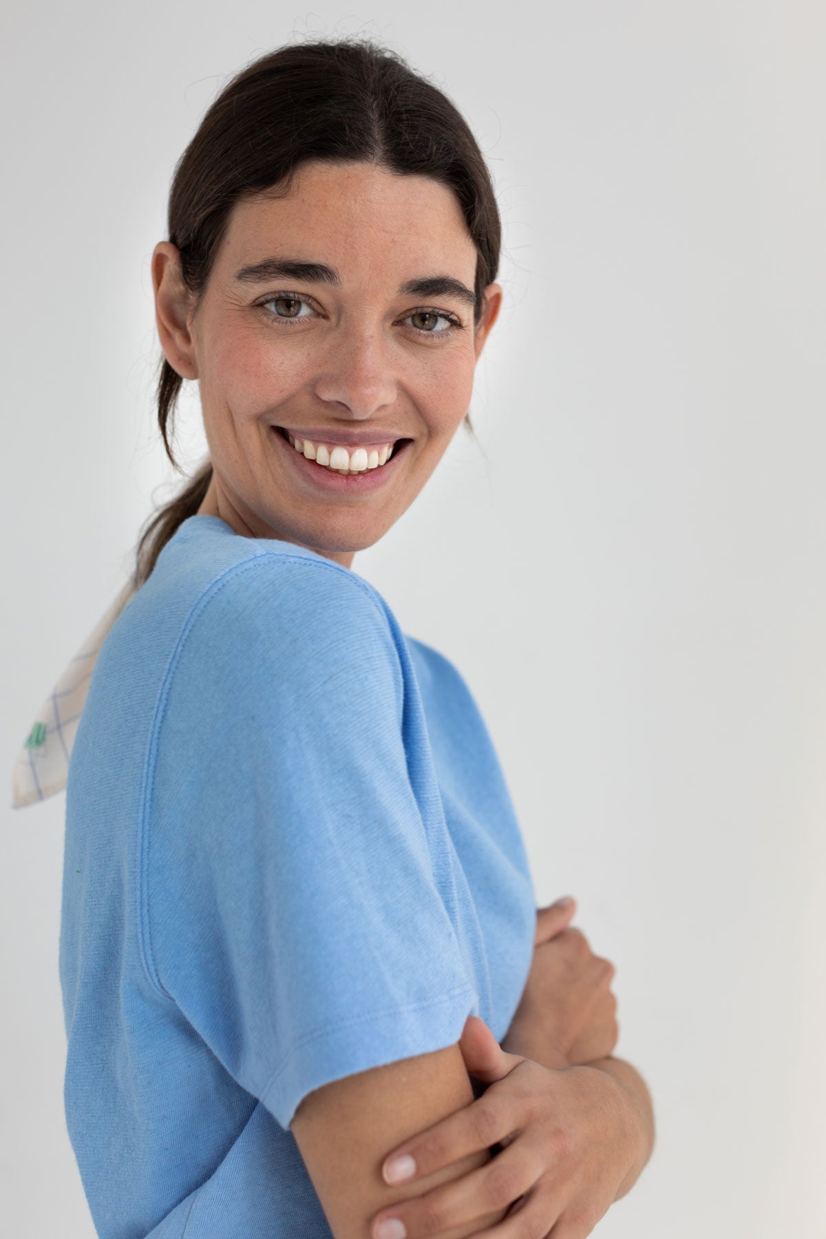Denim blue roundneck top women wear view side  