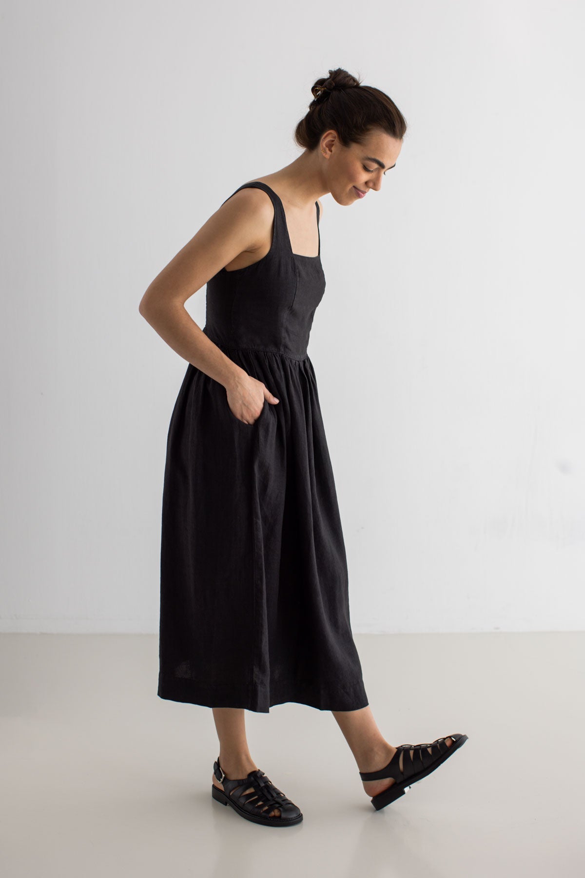 Black linen dress women full body view front