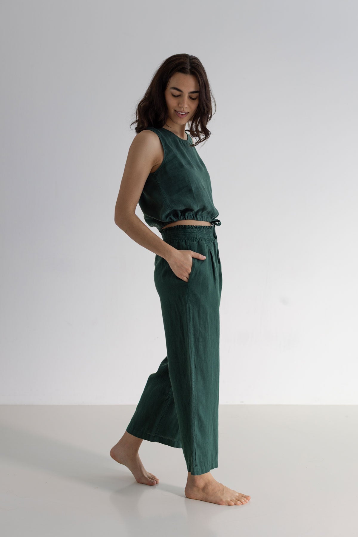 Garden green linen pants women full body view side