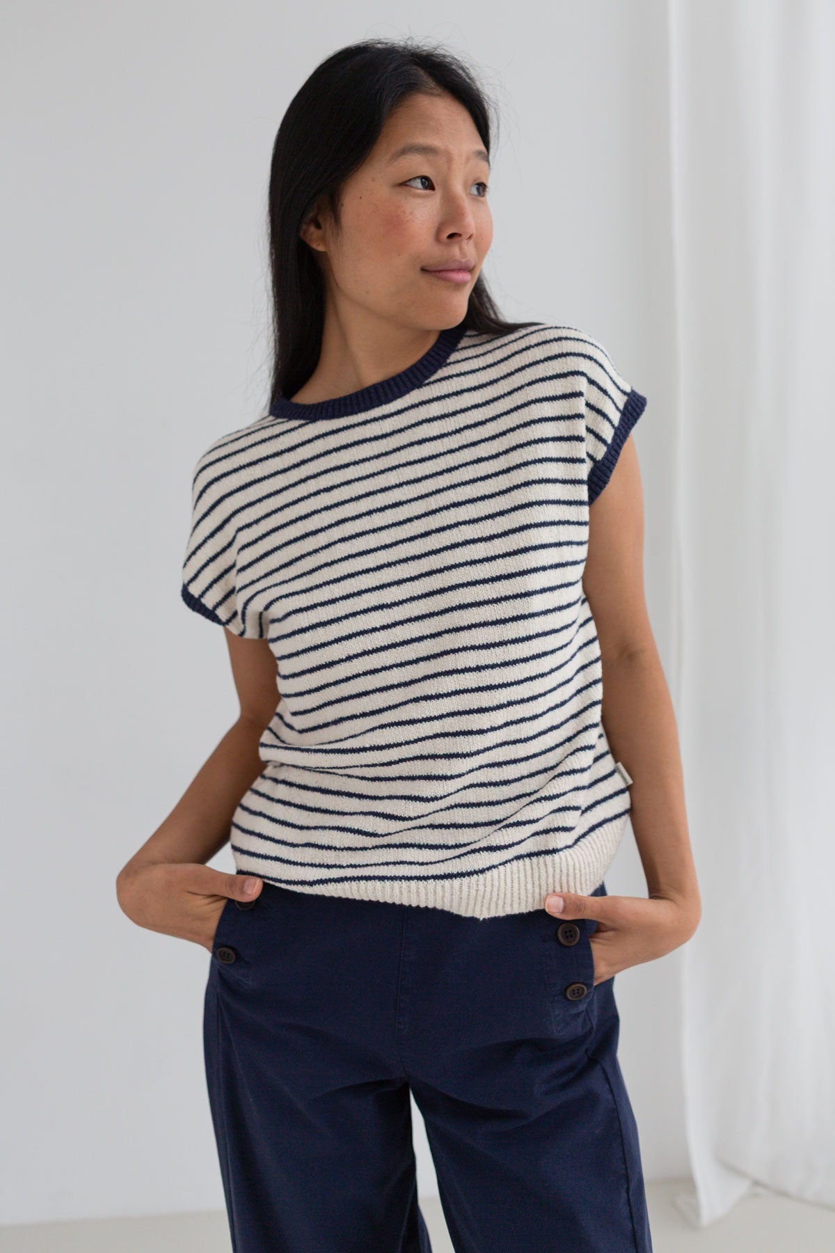 Cobalt stripes knit top women navy pants wear view front