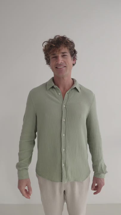 Light green muslin shirt men light pants 