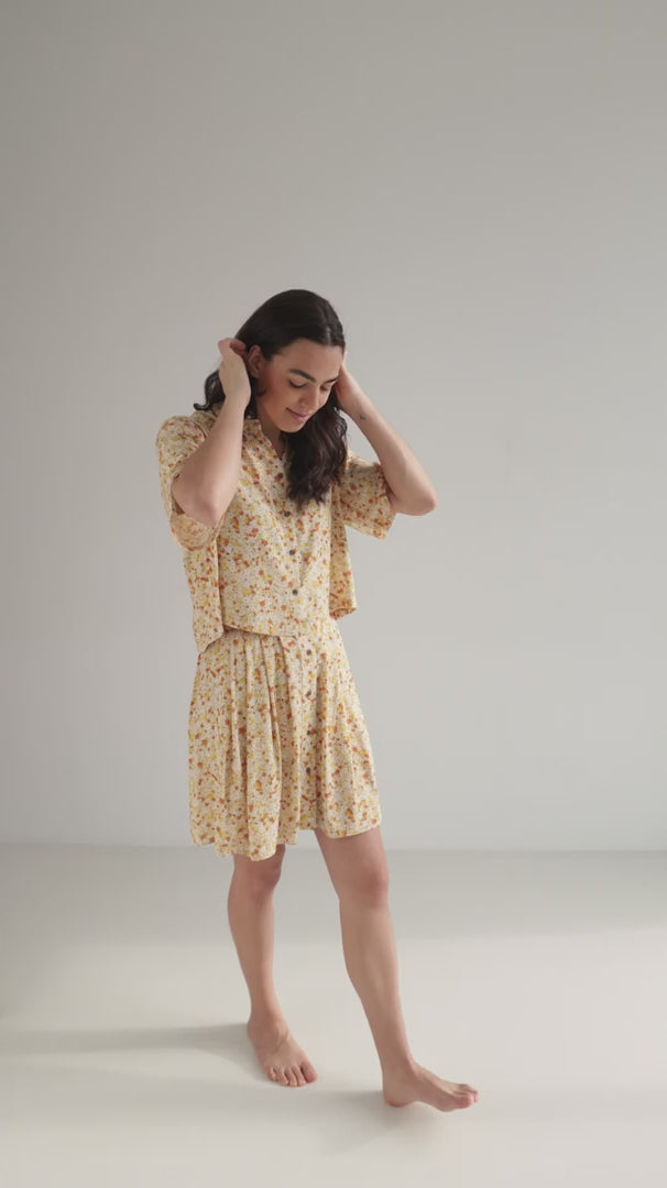 Golden flowers print shirt women flower skirt full body view