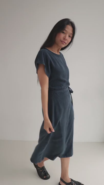 Navy lagoon Lyocell dress women full body view 