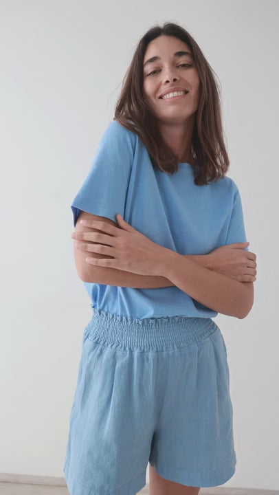 Denim blue roundneck top women denim blue shorts full body view