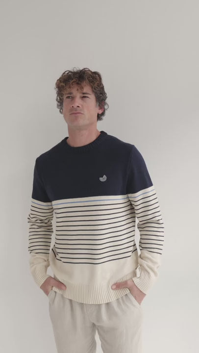 Navy stripes organic cotton knit men light pants full body view