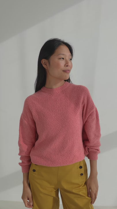 pink light weight knit women mustard pants full body view 