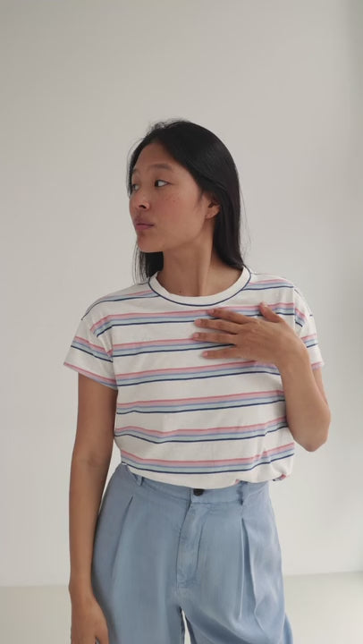 Multicolour stripes organic cotton top women light blue pants full body view 