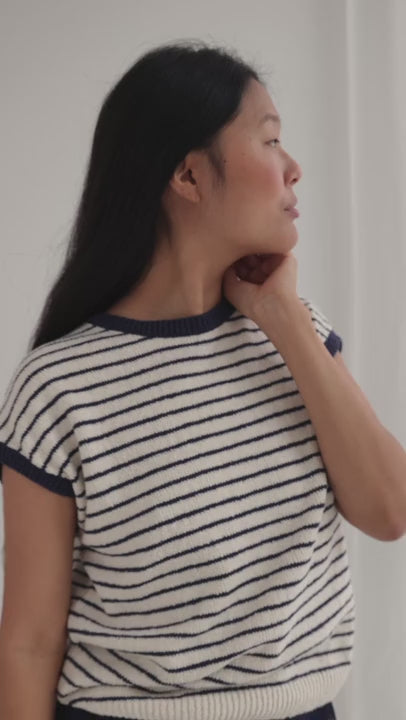 Cobalt stripes knit top women navy pants full body view