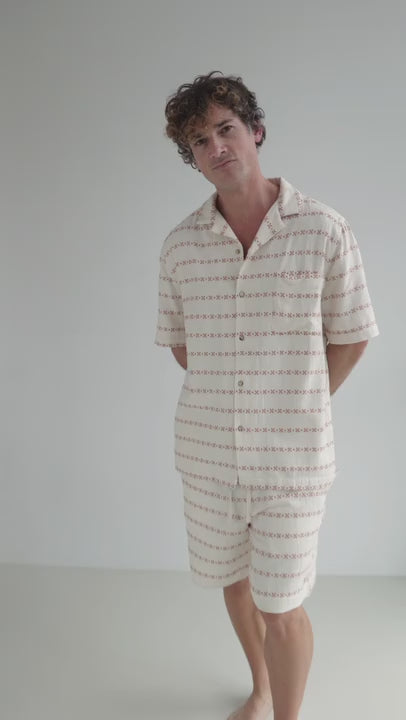 Striped Guayabera shirt men ecru shorts full body 