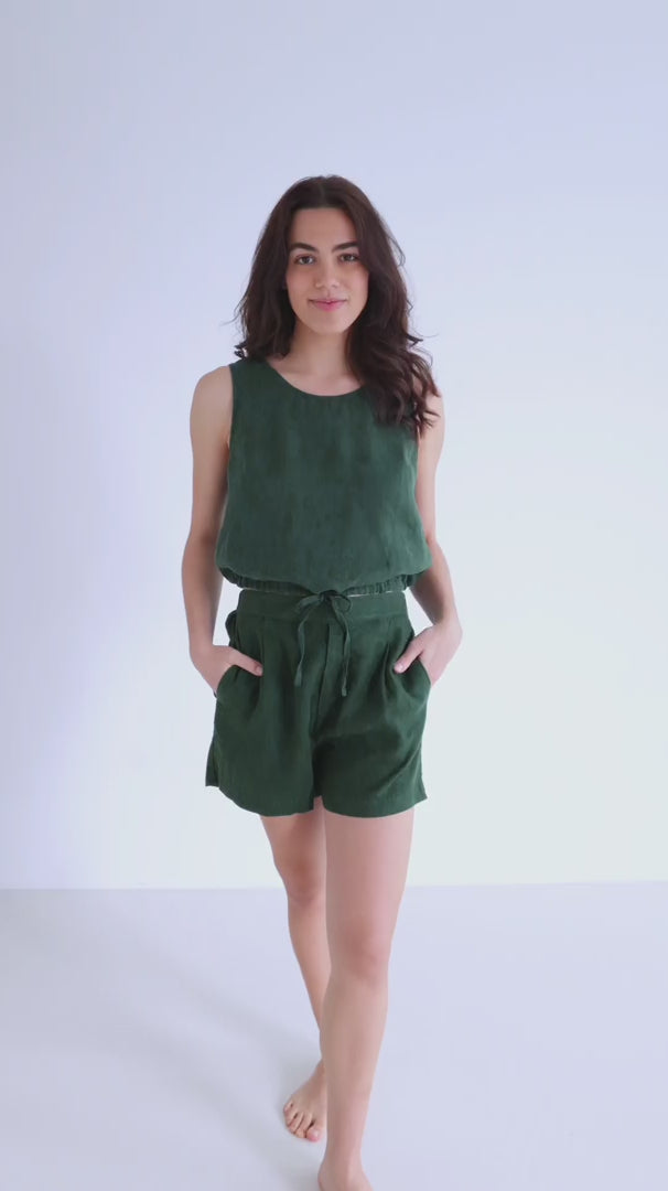 Garden green sleeveless linen shirt women green shorts full body view 